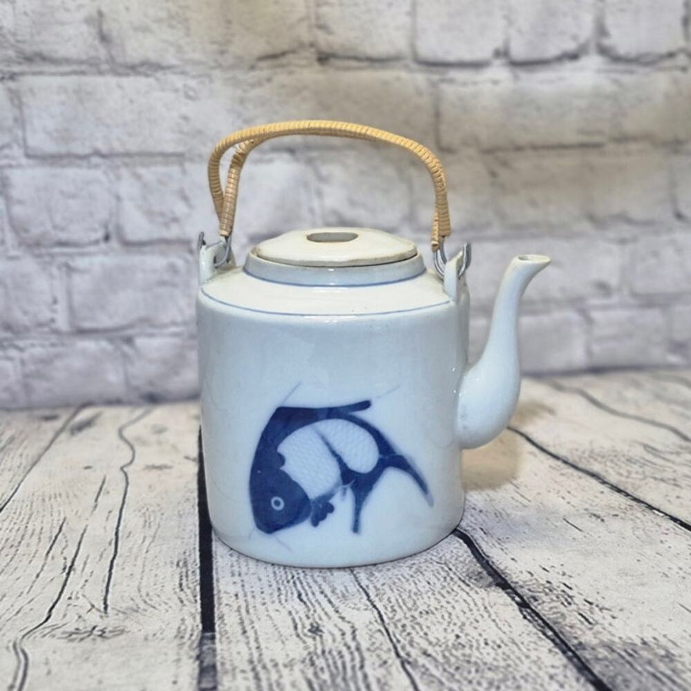 Vintage Chinese Hand Painted Koi Fish Teapot and lid